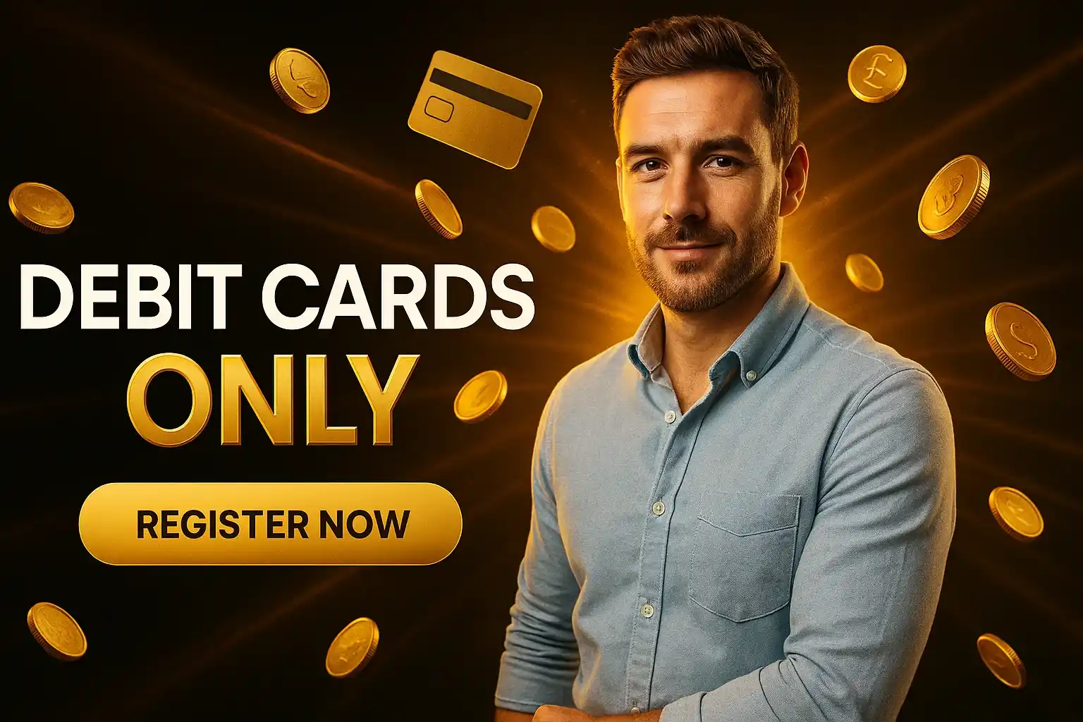 Photorealistic sports betting banner with British man, gold coins and debit card CTA