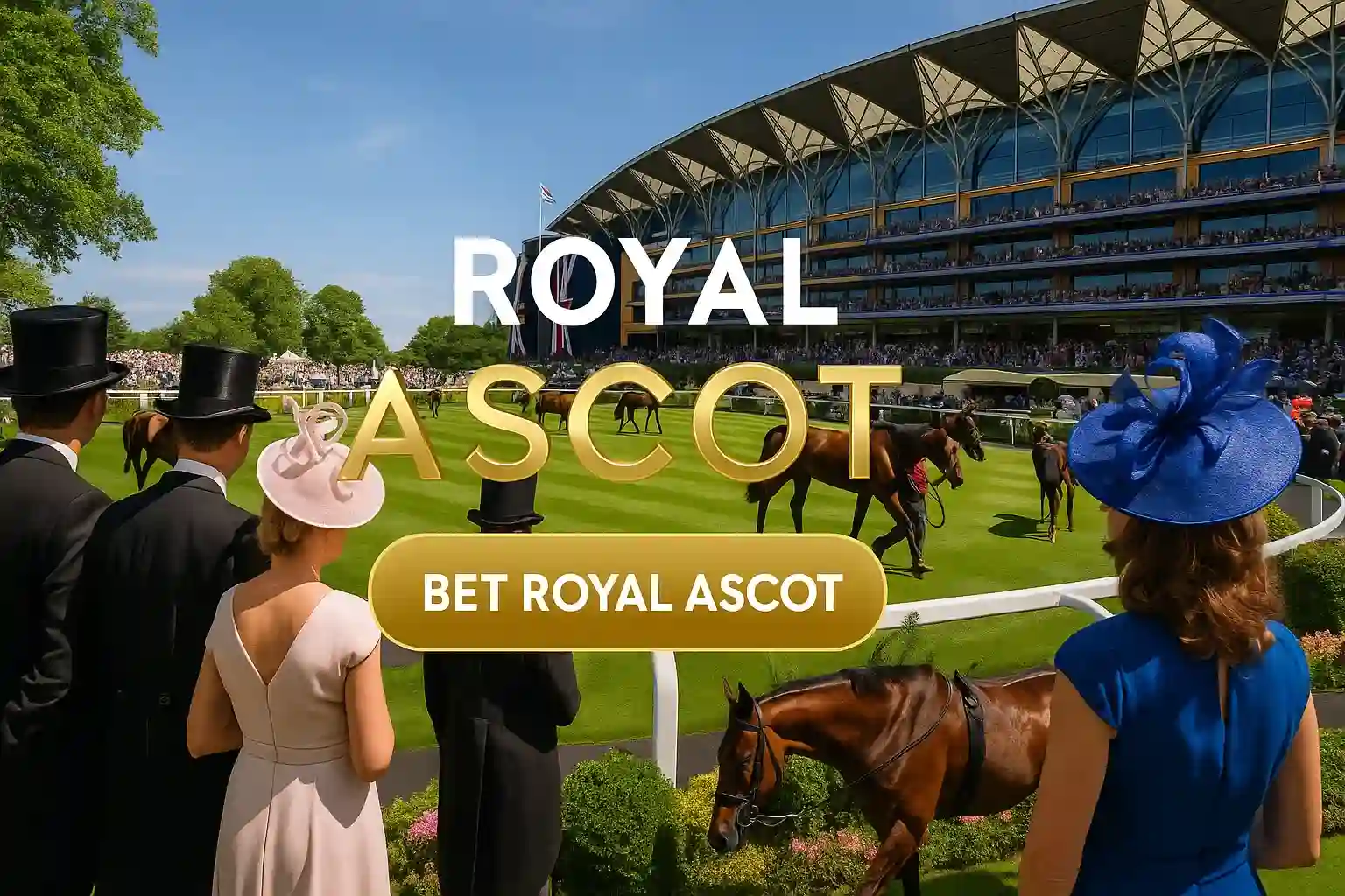 Photorealistic Royal Ascot Gold Cup horse racing banner with paddock and racegoers