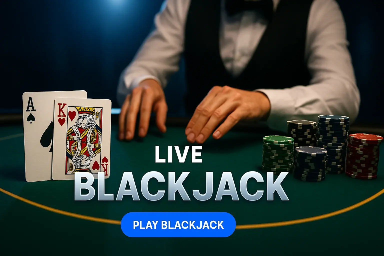 Photorealistic live blackjack table banner with cards, chips, croupier and CTA
