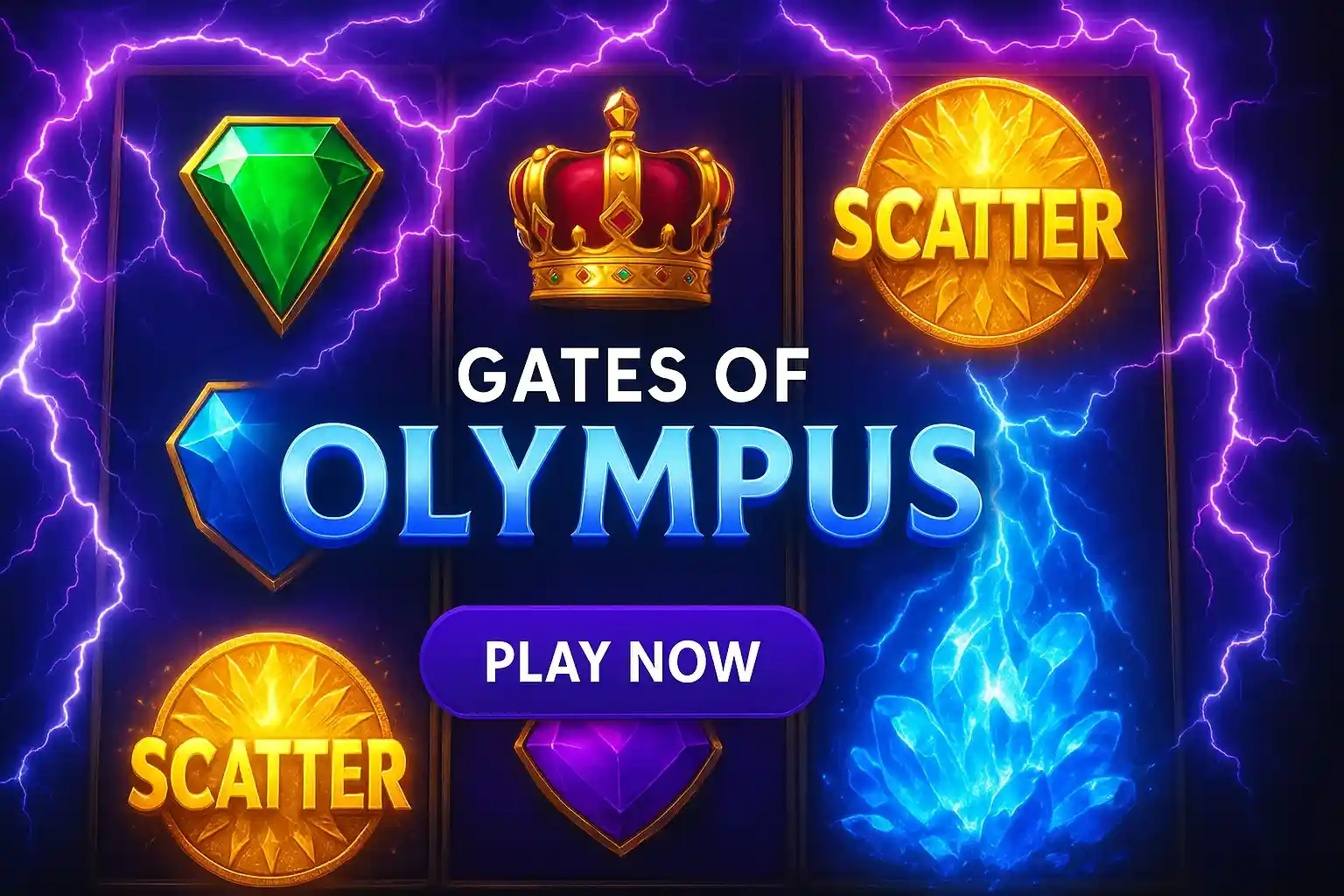 Photorealistic casino slot banner with lightning reels, glowing scatters and play now button