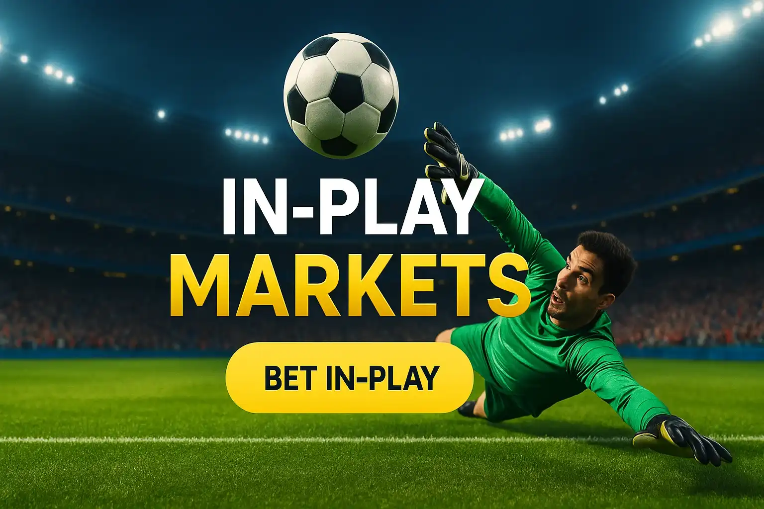 Photorealistic in-play sports betting banner with football, diving goalkeeper and stadium